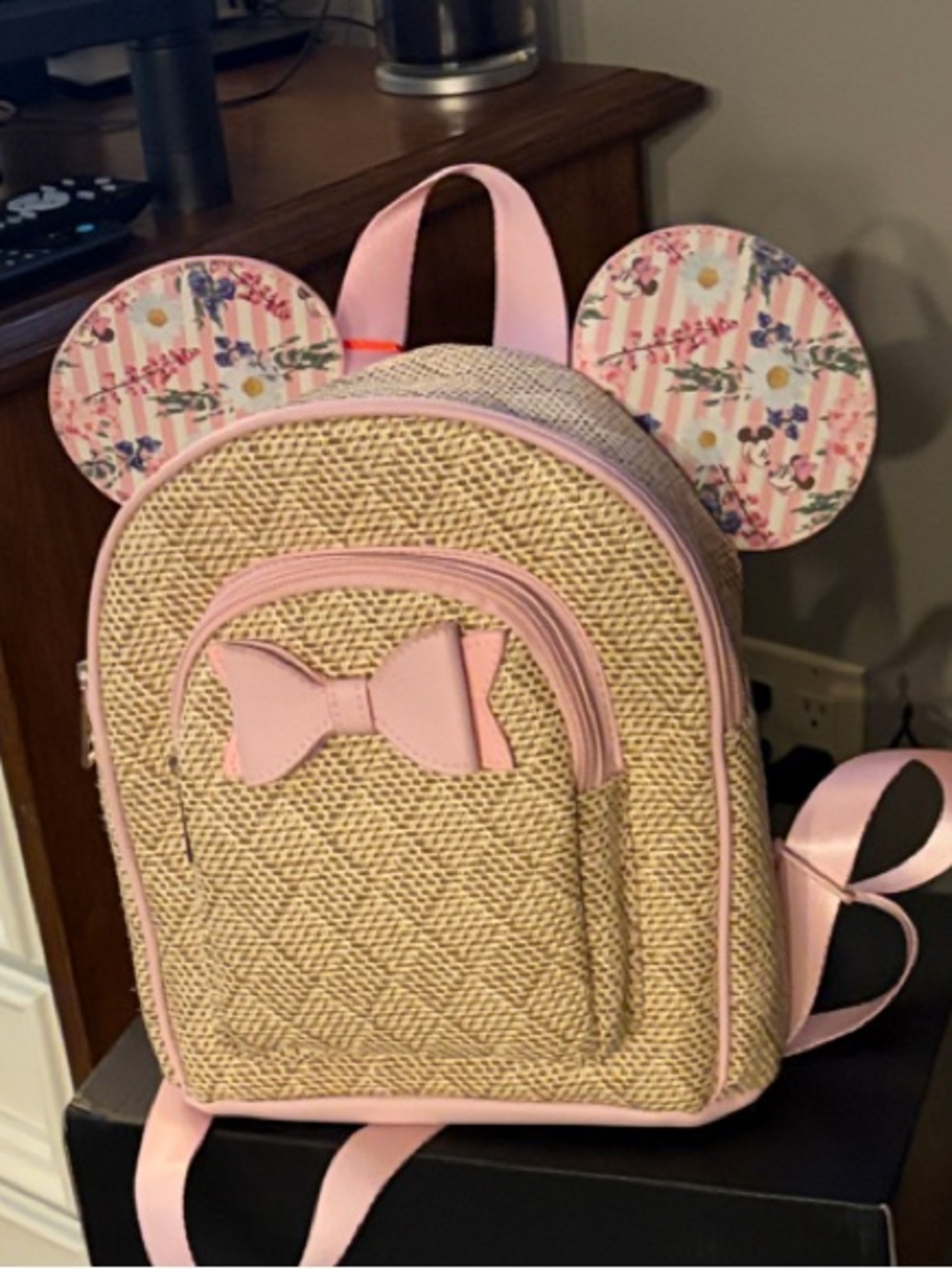 Disney Pink-Trim Straw Kids Backpack with Floral Ears and Bow - Picture 4 of 4